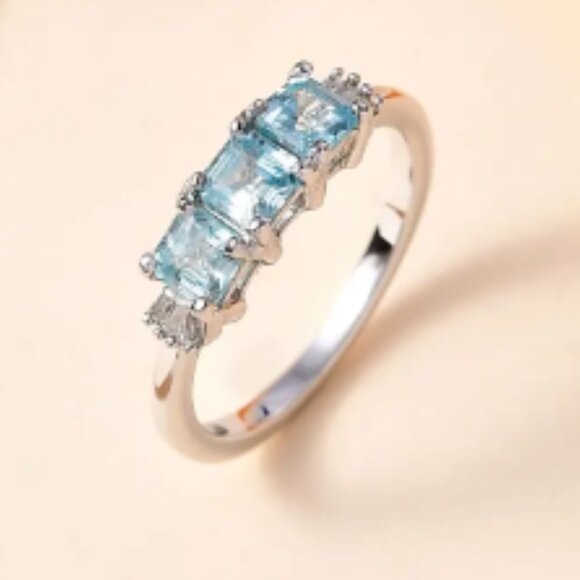 Cambodian Blue Zircon and Diamond 3 Stone Ring - Picture 3 of 5